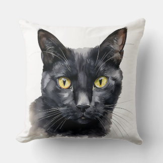 BEAUTIFUL WATERCOLOR BLACK CAT FACE CUSHION