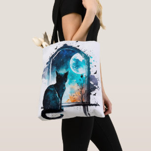 BEAUTIFUL WATERCOLOR BLACK CAT SITTING IN A WINDOW TOTE BAG