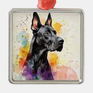 BEAUTIFUL WATERCOLOR BLACK GREAT DANE DOG METAL TREE DECORATION