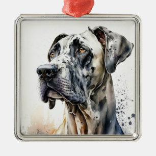 BEAUTIFUL WATERCOLOR BLACK & WHITE GREAT DANE DOG METAL TREE DECORATION