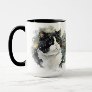 BEAUTIFUL WATERCOLOR BLACK WHITE TUXEDO CAT MUG
