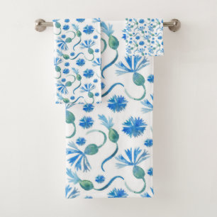 Beautiful Watercolor Blue cornflowers Bath Towel Set