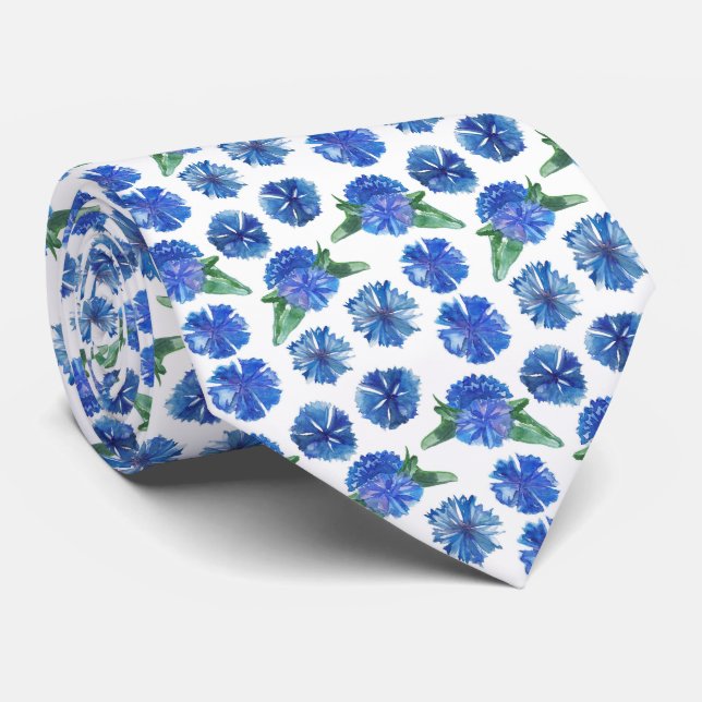 Beautiful watercolor blue cornflowers tie (Rolled)