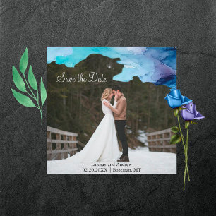 Beautiful Watercolor Blue Flat Save The Date Card