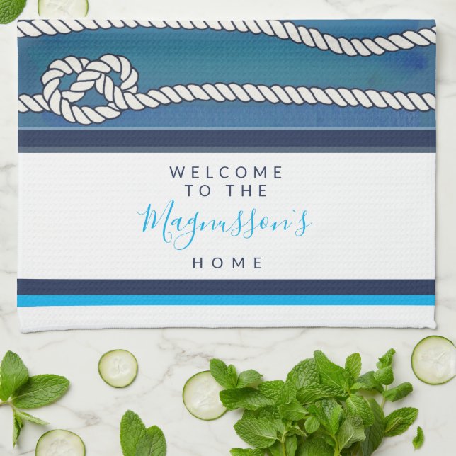 Beautiful watercolor blue green white knots custom tea towel (Folded)