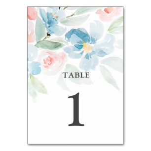 Beautiful watercolor blush roses and blue flowers table number