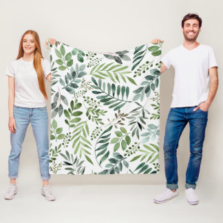 Beautiful Watercolor Botanical Leaves Pattern Fleece Blanket