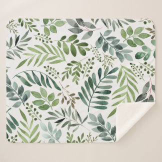 Beautiful Watercolor Botanical Leaves Pattern  Sherpa Blanket
