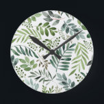 Beautiful Watercolor Botanical Leaves  Round Clock<br><div class="desc">Watercolor painted greenery botanical rustic leaves pattern</div>