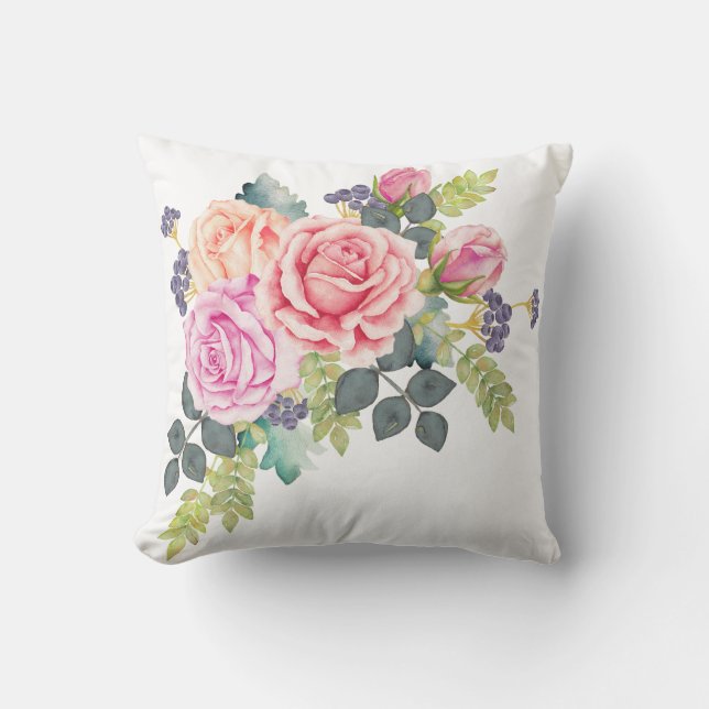 Beautiful Watercolor Bouquet of Pink Peach Roses 2 Cushion (Front)