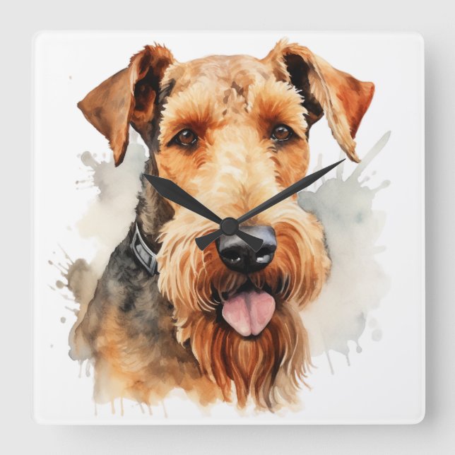 BEAUTIFUL WATERCOLOR BROWN AIREDALE TERRIER DOG SQUARE WALL CLOCK (Front)