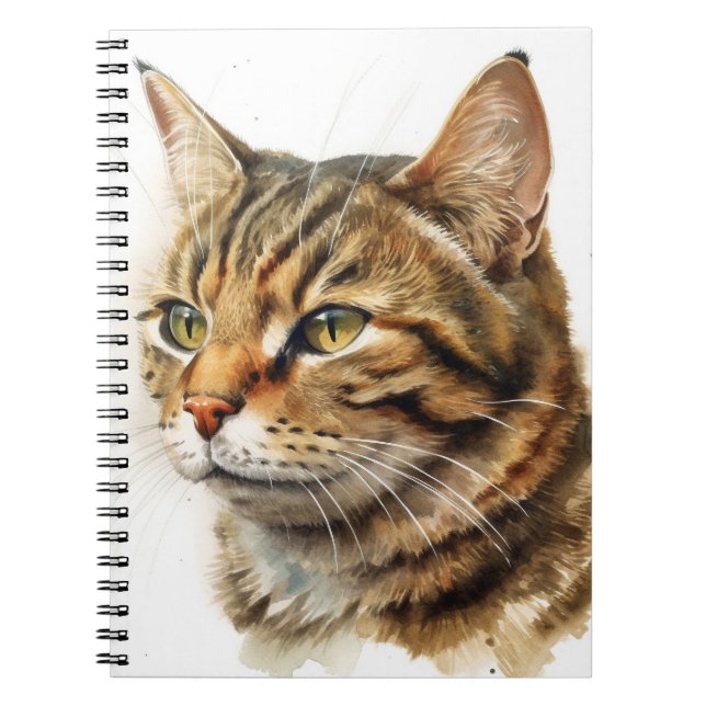 BEAUTIFUL WATERCOLOR BROWN TABBY CAT NOTEBOOK (Front)