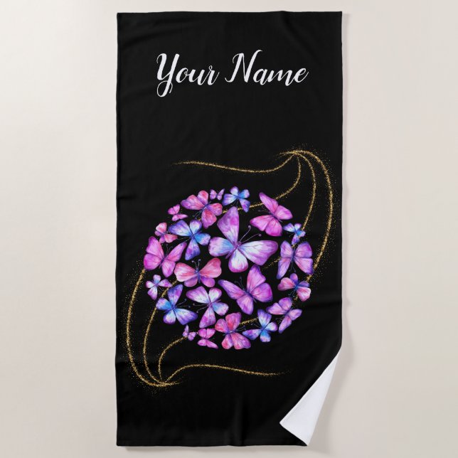 Beautiful Watercolor Butterflies with Gold Bling Beach Towel (Front)