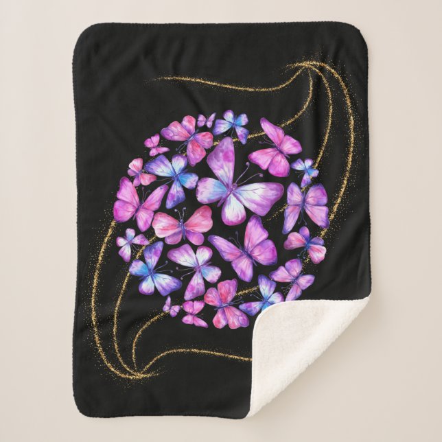 Beautiful Watercolor Butterflies with Gold Bling Sherpa Blanket (Front)