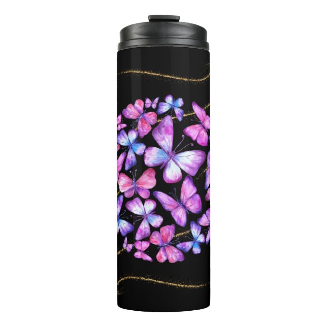 Beautiful Watercolor Butterflies with Gold Bling Thermal Tumbler (Front)