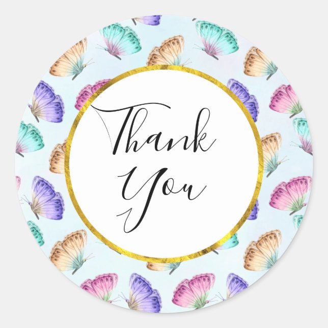 Beautiful Watercolor Butterfly Pattern Thank You Classic Round Sticker (Front)