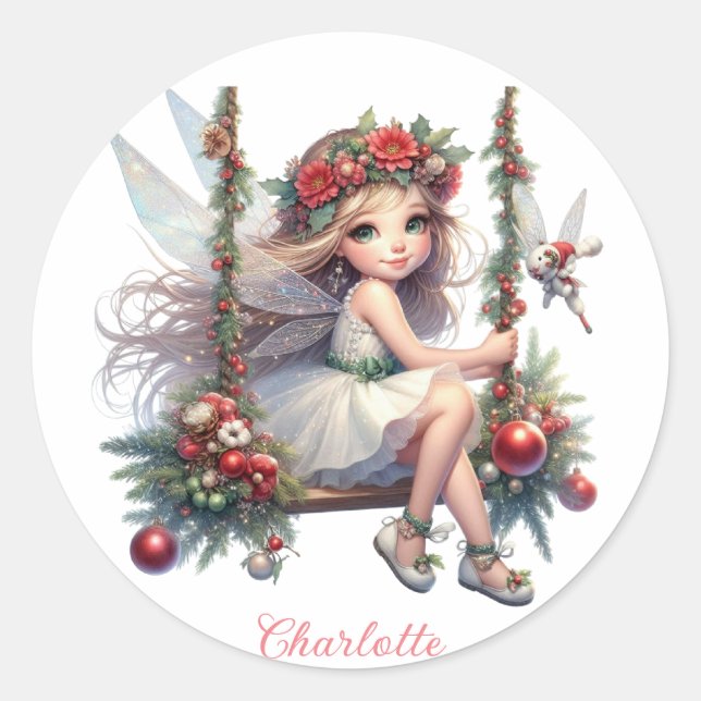 Beautiful Watercolor Christmas Fairy  Classic Round Sticker (Front)
