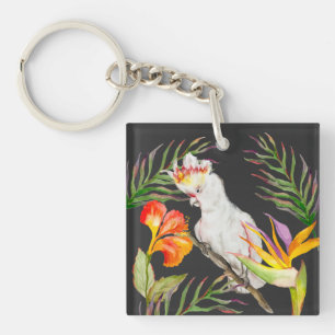 Beautiful watercolor cockatoo parrot hand drawing key ring
