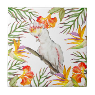 Beautiful watercolor cockatoo parrot hand drawing tile