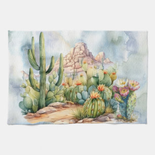 Beautiful Watercolor Desert Cacti Scenery Tea Towel