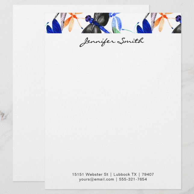 Beautiful Watercolor Dragonfly Pattern Border Custom Letterhead (Front/Back)