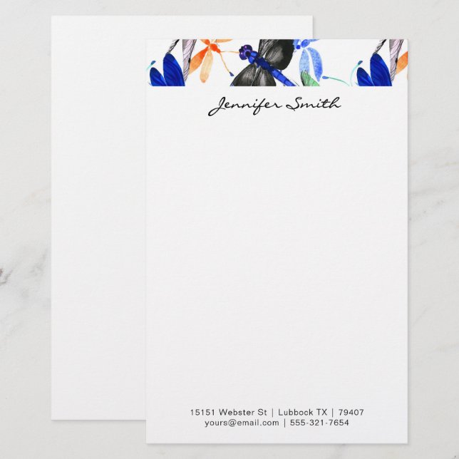 Beautiful Watercolor Dragonfly Pattern Border Stationery (Front/Back)