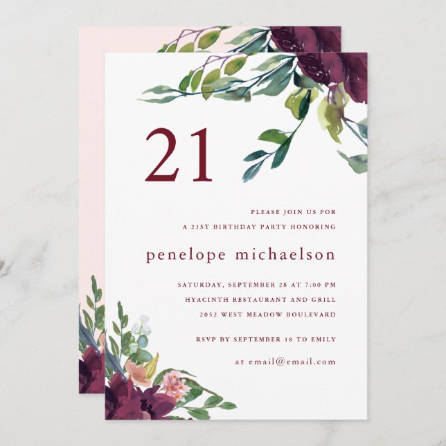 Beautiful Watercolor Floral 21st Birthday Invitation (Front/Back)