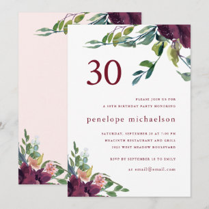 Beautiful Watercolor Floral 30th Birthday Invitation