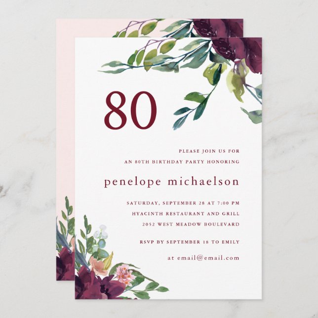 Beautiful Watercolor Floral 80th Birthday Invitation (Front/Back)