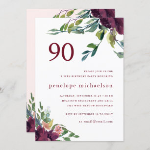 Beautiful Watercolor Floral 90th Birthday Invitation