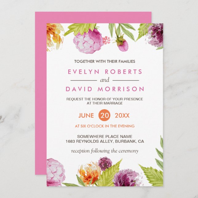 Beautiful Watercolor Floral Blossom Formal Wedding Invitation (Front/Back)