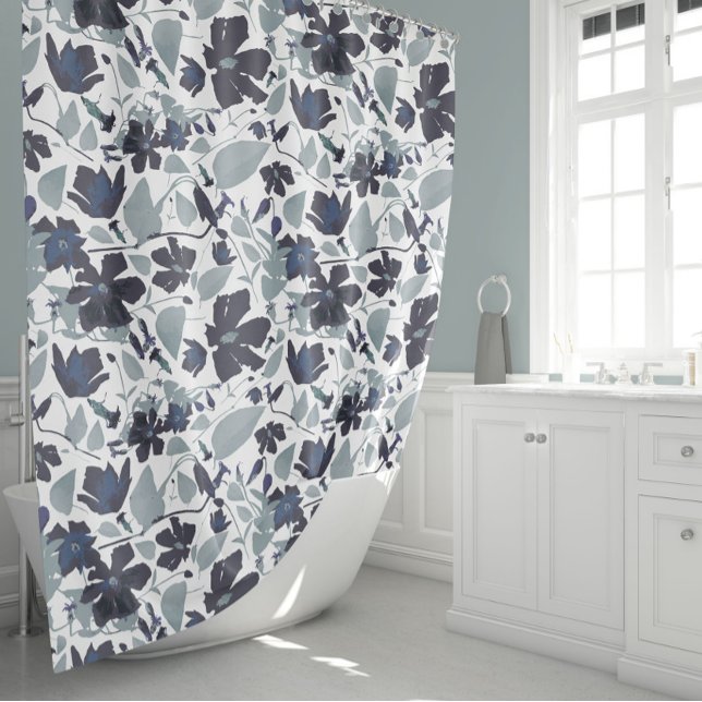 Beautiful Watercolor Floral Blue Shower Curtain (Flowering Clematis Blue Gray Watercolor Floral Pattern Shower Curtain from Studio Posies.)