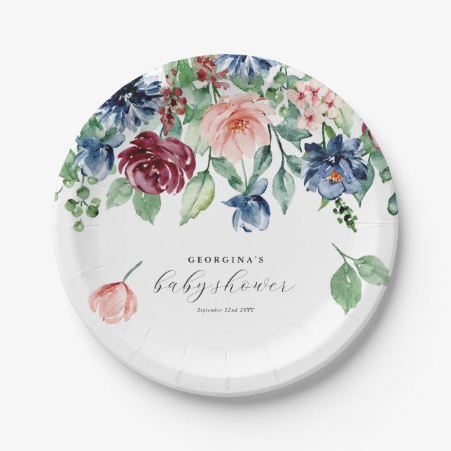 Beautiful Watercolor Floral & Greenery Baby Shower Paper Plate (Front)