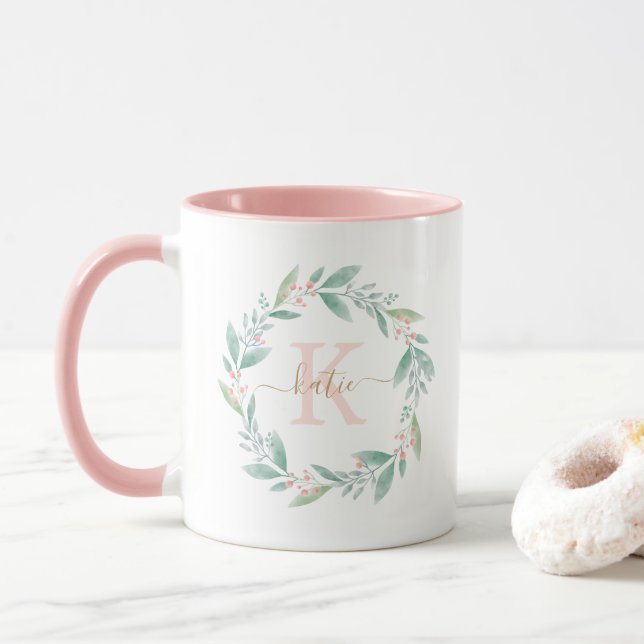 Beautiful Watercolor Floral Wreath Monogram Mug (With Donut)