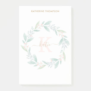 Beautiful Watercolor Floral Wreath Monogram Post-it Notes