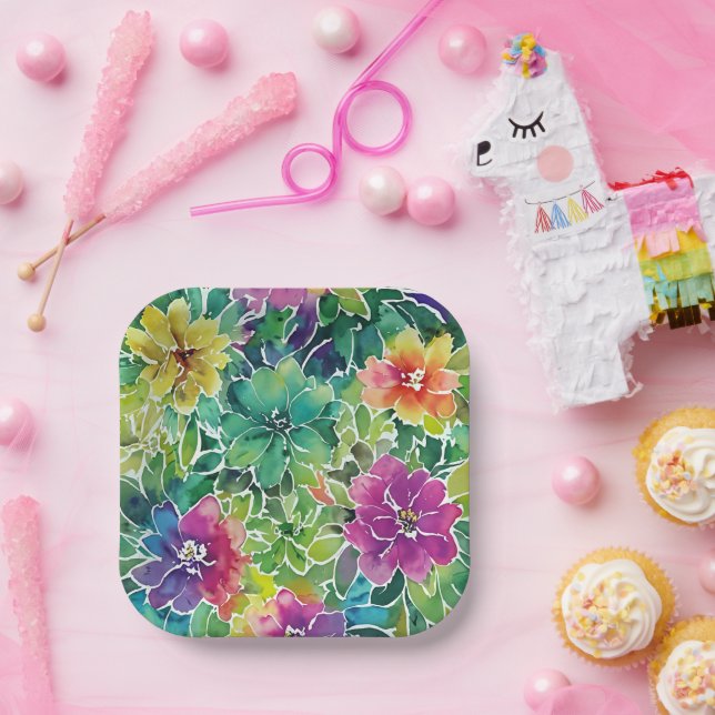 Beautiful Watercolor Flower Pattern Paper Plate (Party)