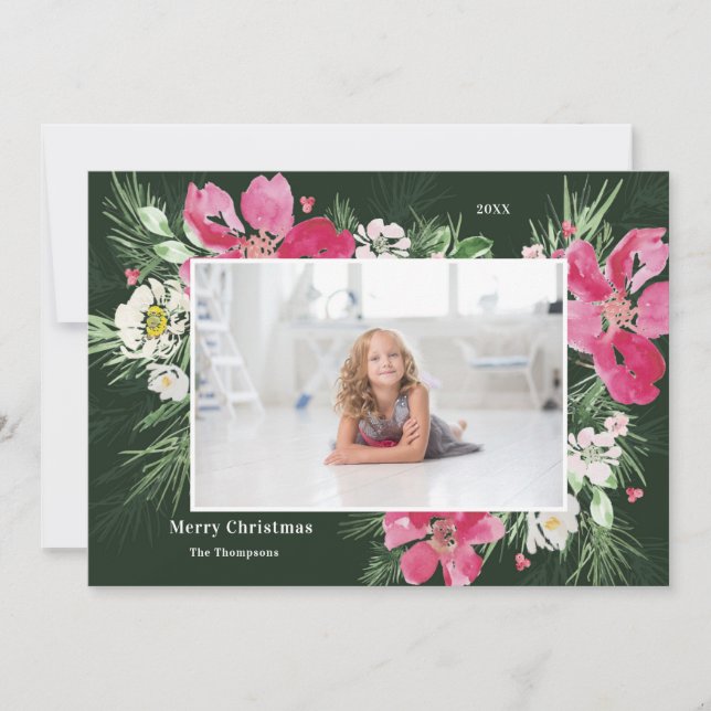 Beautiful Watercolor flower wreath green Christmas Holiday Card (Front)