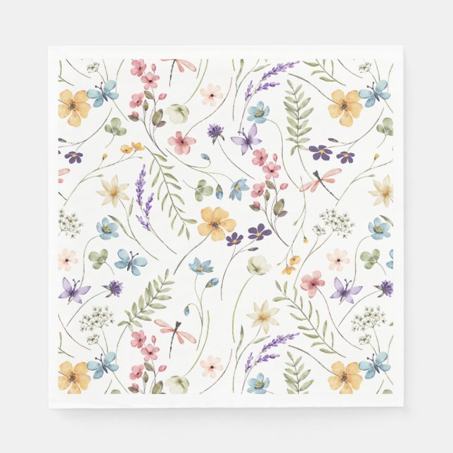Beautiful Watercolor Flowers and Butterflies  Napkin (Front)