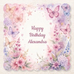 Beautiful Watercolor Flowers and Butterflies Paper Coaster