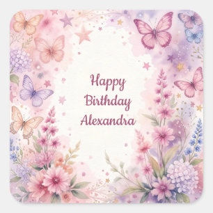 Beautiful Watercolor Flowers and Butterflies Square Sticker
