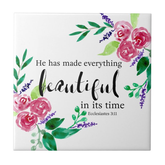 Beautiful Watercolor Flowers Bible Verse Chic Tile (Front)