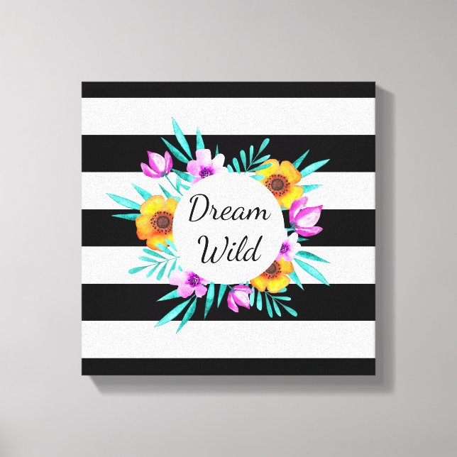 Beautiful Watercolor Flowers Black Stripes Quote Canvas Print (Front)