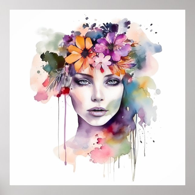 Beautiful Watercolor Girl with Flowers in Her Hair Poster (Front)