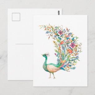 Beautiful watercolor green peacock postcard