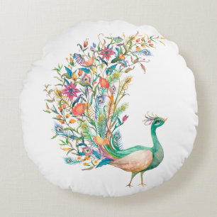 Beautiful watercolor green peacock round cushion