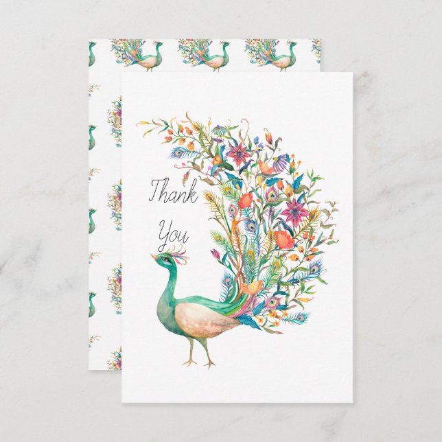 Beautiful watercolor green peacock thank you card (Front/Back)