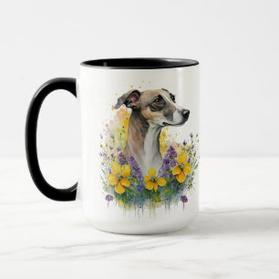 BEAUTIFUL WATERCOLOR GREYHOUND DOG WITH FLOWERS MUG