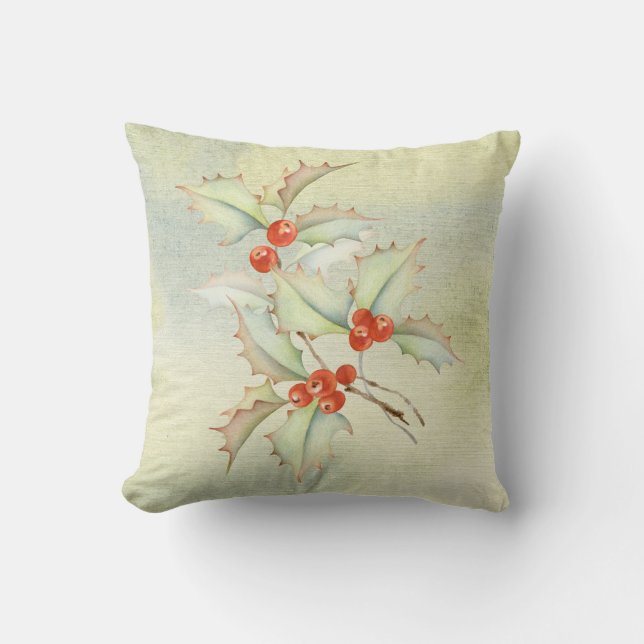 Beautiful Watercolor Holy Berries Design Christmas Cushion (Front)