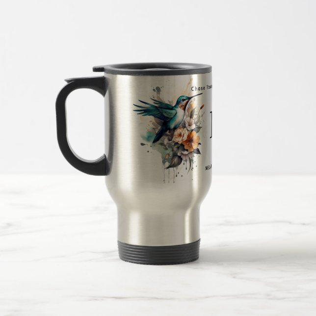 Beautiful Watercolor Hummingbird Monogram Name Travel Mug (Left)