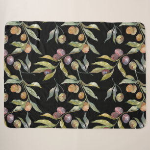Beautiful Watercolor Italian Olives Pattern Black Sherpa Blanket